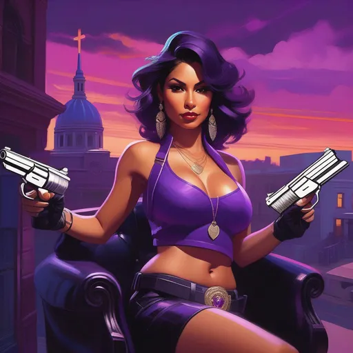 Prompt: Latina woman in Saints Row, guns, cartoony, purple atmosphere, extremely detailed painting by Greg Rutkowski and by Henry Justice Ford and by Steve Henderson