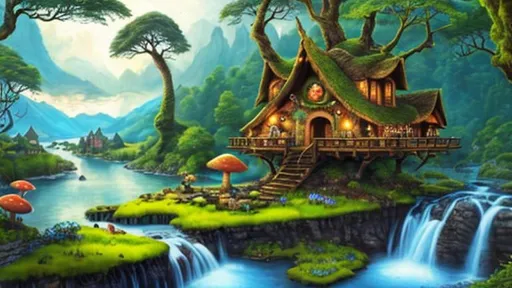 Prompt: photo realism, photo real, valley,  elf treehouses, elven tree structures, ancient trees, highly detailed, dynamic lighting, winding river, lake, realism, realistic, flowers, mushrooms, moss, photo real, night time, night sky, stars, detailed, highly detailed, UHD, single light source, perfect composition, photo real, realistic, super detailed, 8k, high quality, sharp focus, intricate details, highly detailed