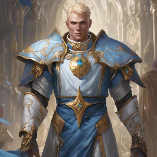 Prompt: Masculine Human male war cleric in his thirties. He has a strong, masculine jaw and piercing eyes.

He has short blond hair which is kept close to his head. His face is clean shaven.

He holds a large one handed warhammer or mace which is held upright.

He is wearing light battle robes with large shoulder pieces.  The robes are blue and have white accents and feature a golden dragon silhouette.

High fantasy, high detail