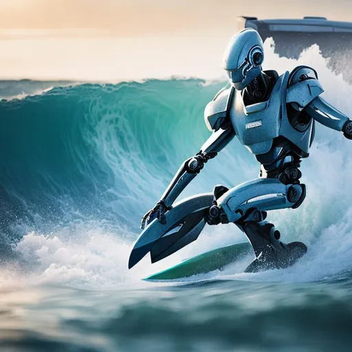 Prompt: Close up of Robot surfing wave