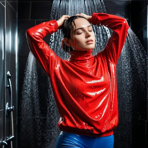 Prompt: photo of young woman, soaking wet clothes, red turtleneck,  , shower,   enjoying, water dripping from clothes, clothes stuck to body,  detailed textures of the wet fabric, wet face, wet plastered hair,  wet, drenched, professional, high-quality details, full body view.