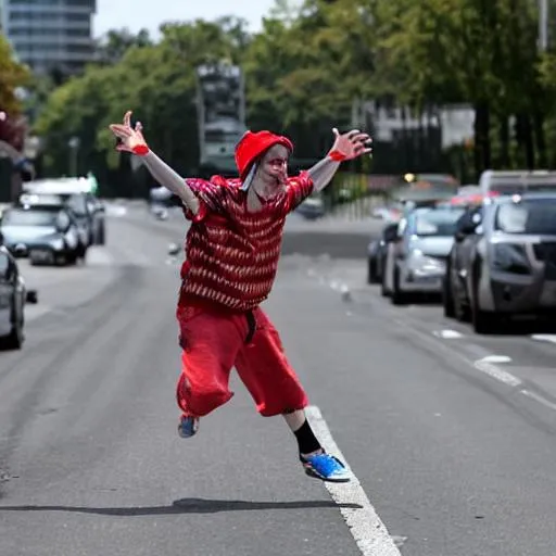 Prompt: Impish Drug Addict dancing merrily in the middle of traffic in the daytime