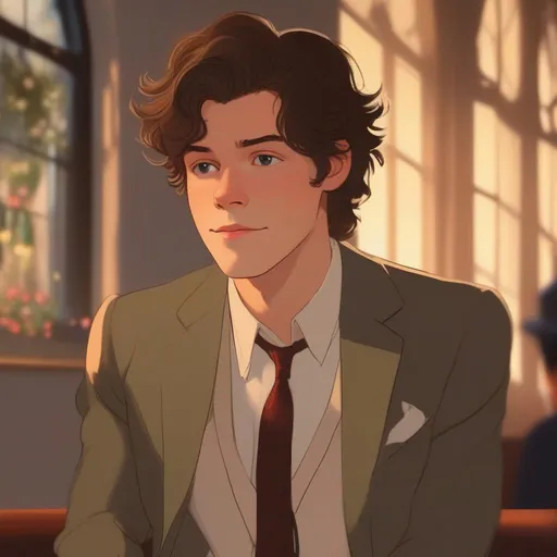 Prompt: ghibli movie character based off of harry styles in his prince harry phase, consistent lighting and mood throughout