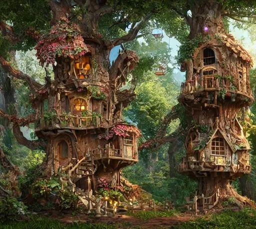 Prompt: a fairy tree house, highly detailed, intricate, hypermaximalist, hyper realistic, super detailed, 32k, digital art, octane render, cinematic lights,