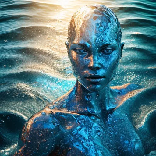 Prompt: water artwork manipulation in the shape of a human body, on the ocean water, amazing water art, ray tracing, realistic water sharp focus, long shot, 8 k resolution, cinematic