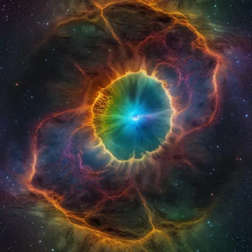 Prompt: A very detailed uhd, 64k, rainbow supernova remnant reminiscent of the prismatic lake in Yellowstone National park, with a black hole in the center