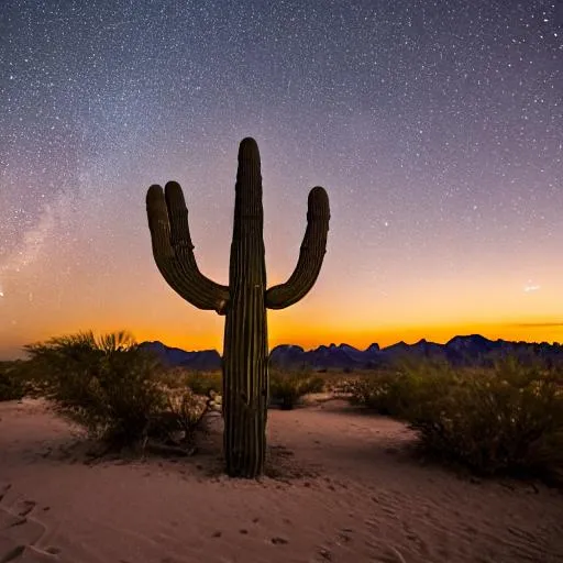 Prompt: desert at sunset, large sahuaro cactus, faint stars