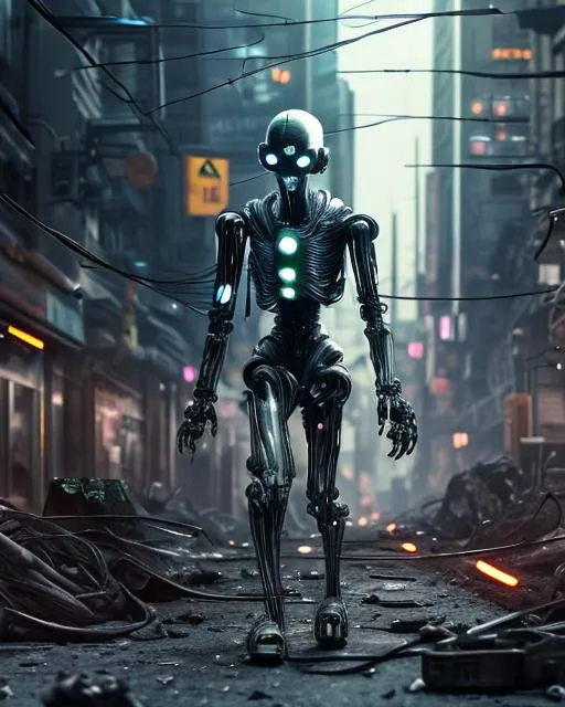 Prompt: A sinister android with glowing eyes and exposed wires stalks down a debris-strewn street. It's metal joints whir and clank with each step. ultra detailed, highly detailed scenario, photorealistic, intricate, masterpiece, UHD, HDR, symmetric, coherent, epic detail, stunning, beautiful, ,lumen render ,lumen path tracing ,path tracing light ,path tracing shadow ,path tracing special fx, 
