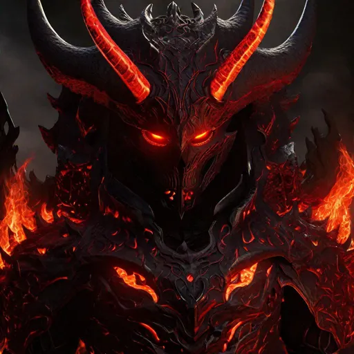 Prompt: "Inferno is covered in dark, hardened lava that acts like an exoskeleton. His head resembles a demonic mask with horns, and his hollow hole is located at the center of his chest, His eyes glow fiery red, and cracks in his hardened lava skin reveal a burning interior. He wields flame-engulfed broadsword."