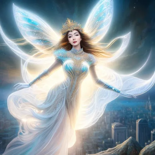 Prompt: An immensely lifelike and intricately depicted digital painting portrays an ethereal and transparent female figure in flight. Her appearance exudes an aura of celestial divinity, with eyes reminiscent of cosmic goddesses and hair that seems to hold the vastness of the universe. She wears an alluring outfit, featuring a neckline that plunges gracefully. This portrayal symbolizes her as a cosmic mother, intertwined with the universe itself. The artwork is meticulously crafted, showcasing an abundance of detail and rendered in high-definition quality. It has garnered significant attention on platforms like ArtStation, resonating with current artistic trends. The composition emphasizes her form, including a prominent bust, which adds to the overall allure of the image