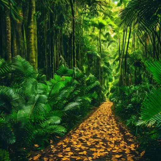 Prompt: Green leaves falling in the jungle with tall trees and a pathway