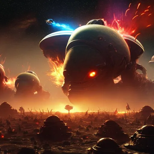 Prompt: army of small aliens and spacecraft invasion destroying an enemy alien race, lasers, lots of fire, smoke, and dust, outer space, dark red and yellow