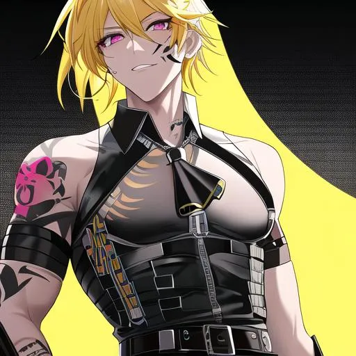 Prompt: Male (short yellow hair) pink vertical line tattoo's on his chest, skull tattoo on his arm, black pants with a skull belt

highly detailed face, 8K, Insane detail, best quality, UHD, Highly detailed, insane detail, high quality. 