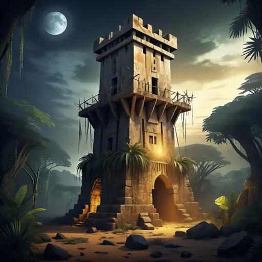 Prompt: Fantasy Illustration of an old crumbled watchtower, western-african architecture, entire structure, limestone materials, african style, immersive world-building, high quality, detailed, epic scale, fantasy, surrounded by an african jungle landscape, nighttime, omnious atmosphere