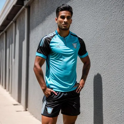 Prompt: 25 year old male soccer player posing wearing a turquoise shirt and black shorts