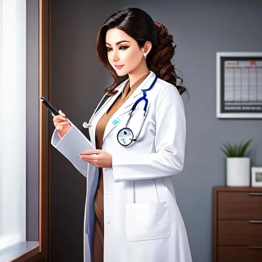 Prompt: "full body view of a beautiful and lovely female doctor, uniformed , with a  mol! Full body view. She has a nice iniskirt,  Her hair up style, and is thick, wavy and silked; she has large eyelashes and big mouth.  . SHE wears a white coat, and a stethoscope.brown silk bombshell fishnet g-world lace embroidery bodycon suit with   diamonds. fantasyasy sci-fi art by Luis Royo and  Sorolla. baroque fantasy, great windows on the high, the girl has a big chest, the girl has heart-shaped bum and rounded buttocks,  vivid colors,  luxury life, penrose patterns, holographic effects,she  has one leg slightly behind the other one, 
 volumetric lighting, occlusion, Unreal Engine 5 128K UHD Octane, fractalized, fBm, mandelbrot, moebius strip"