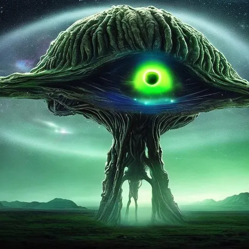 Prompt: giant strange looking alien coming from within earth, with starry background, all in green, looking at the mothership up in the galaxy sky