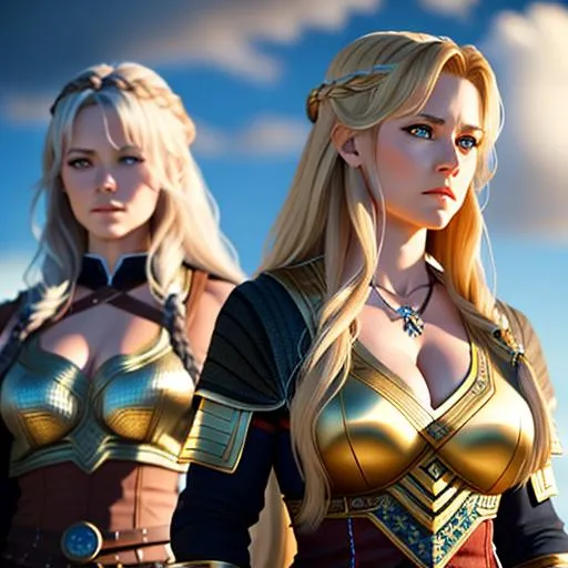 Prompt: two norse women.  hd , 8k, , hyper realism, Very detailed, zoomed out view, full character in view, no cloths giantess Beautiful goddess realistic standing, detailed face, master piece