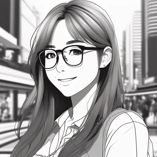 Prompt: a drawing of a girl with glasses on her face, anime city lineart, long straight beautiful hair, no colors, short sleeves, eal, tkmiz, hands not visible, half - body shot, she is smiling, incomplete, slightly pixelated, with no derpy face, in her early 20s, edited, black and white lineart, wip, zumidraws