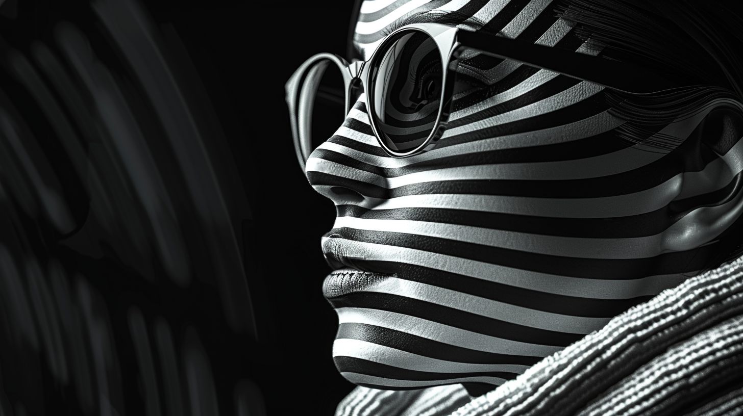 Prompt: Render of a woman in a futuristic setting, her face adorned with black and white stripes, resembling a poured art effect with deep shadows.