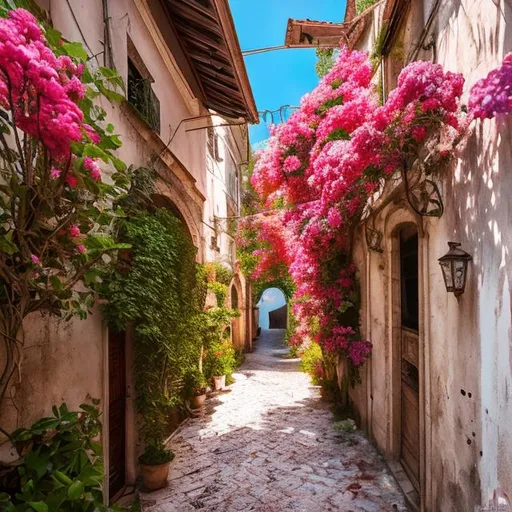 Prompt: A smal alley in an old italian town, houses overgrown with blooming Bougainvilleas and Jasmine, lots of details, photorealistic