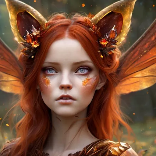 Prompt: Autumn fairy with coppery red hair and foxy ears. Female human face, beautiful simetric face, eyes color amber, the female wearing a deep red dress, realistic, fantasy art, oval shaped face with less redness on the face