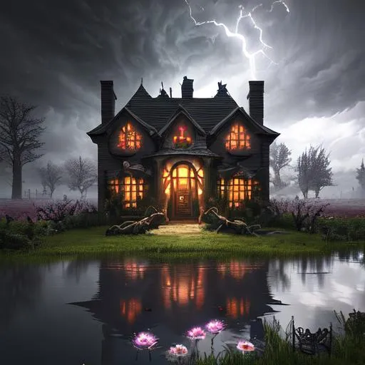 Prompt: Storm, Evil and morbid, Anything, Dawn, Photograph, dark pond, cherrry blossom, evil garden, cute house, grandiose, overpowering render, dark fantasy, unreal engine, raytracing, post-processing, zbrush, substance painter, trending on ArtStation, epic perspective, epic lighting, composition, photorealistic, vfx, cgsociety, volumetric lighting, + cinematic + photo + realism + high detail, cgi, 8k, --ar 16:9