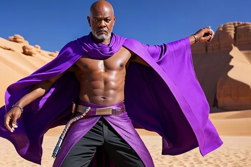 Prompt: Full body portrait of Mace Windu, desert, Full Power, purple aurea, strong, highly detailed, hyperrealistic, sharp focus, 8 k