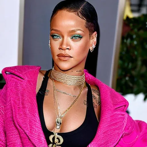 Prompt: Rihanna with a Barbie Gucci pink look