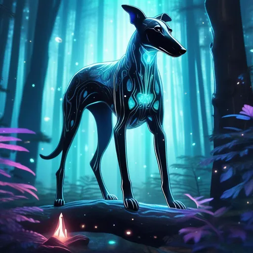 Prompt: A mythical translucent greyhound that is glowing, in a forest surrounded by bones, beneath the stars, bioluminescent, highres, best quality, concept art