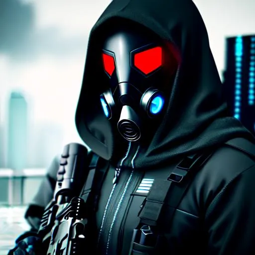 Prompt: male futuristic assassin with a gas mask, cyberpunk suit with a hood, carrying a sniper rifle, UHD, , 8k, high quality, 