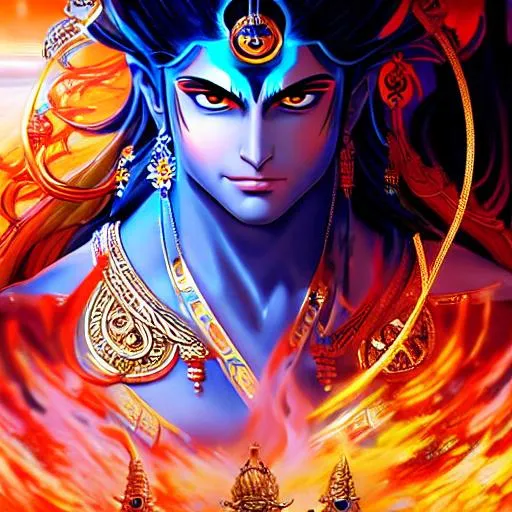 Prompt: Anime art of a underground amazing Lord Shiva with regular facial features, fire eyes, blue skin, sacred ornaments, proportionate physique, well-groomed hair in details, buildings and streets, 8k resolution, concept art by Syd Mead, Alex Ross, hyperdetailed intricately detailed, colorful, textured skin, --ar 3:2