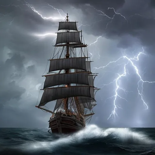 Prompt: flying dutchman ship in a realistic lightning storm