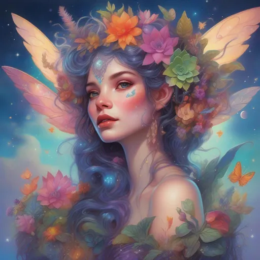 Prompt: A vibrantly and brightly coloured and colourful and beautiful head to toe Persephone as a fairy with iridescent fairy wings; with succulent, feathers and gems in her hair. In a beautiful flowing dress made of plants. Surrounded by tiny fairies and clouds, in a painted style in a hyperrealistic Disney style framed by the constellations and the moon