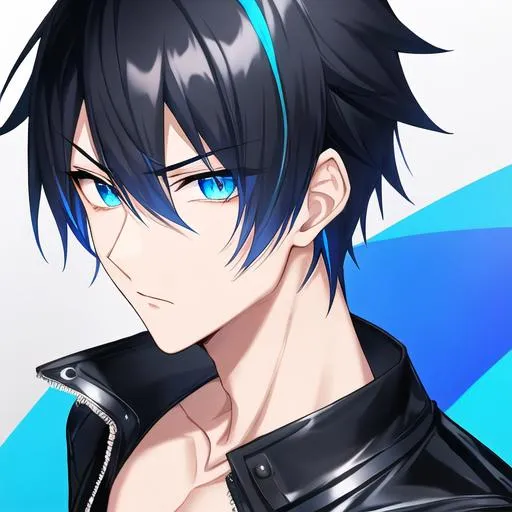 Prompt: Tetsu 1male. Short black hair with vibrant streaks of electric blue, that gives off an eye-catching look. Soft and mesmerizing blue eyes. Wearing a black leather jacket with a dark gray t-shirt underneath that adds a subtle contrast to the outfit. Cool and edgy, black skinny jeans. Holding a camera. UHD, 8K