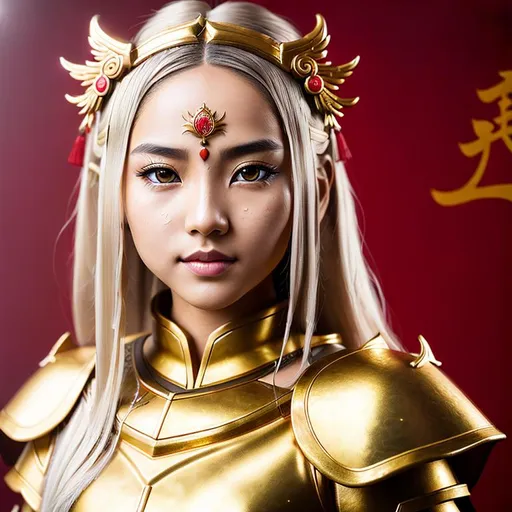 Prompt: full body cute young photographic half-breed girl with fringed pale blonde brown hightlight hair in wet and oily with chinese gold and red dragon half-armor, light red eyes, goddess, symmetrical face, sharp focus, hyperfine details, photographic lighting, 64k, UHD, detailed floating chinese background, cinematic, hyperrealistic, studio photo, intricate details, hyper detailed, photographic detail, fleggy, perfect composition, unreal engine 6, octane render, Canon R5, high details white skin, detailed face, detailed hair, sunny day, small tattoo, RTX on