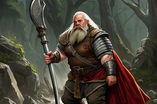 Prompt: dwarf ranger, huge axe, plate mail, white beard, by Wayne Reynolds