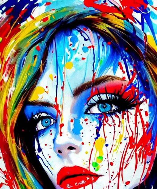 Prompt: stunning beautiful realistic , impressionism woman portrait,blue eyes, pop art, full colors, abstract style, acrylic painting, palette knife, backgroud paint drop splatter, detailled
