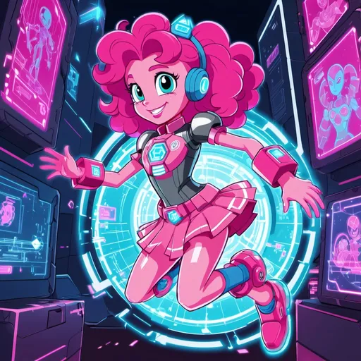 Prompt: cyberpunk equestria girls pinkie pie with pink skin wearing tech armor jumping through holograms
