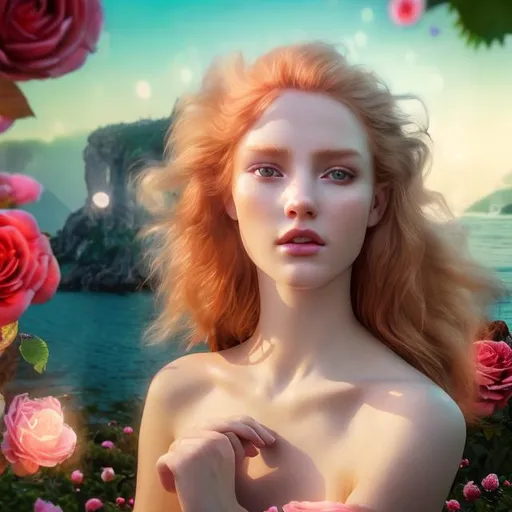 Prompt: HD 4k 3D 8k professional modeling photo hyper realistic beautiful ethereal greek goddess of beauty love desire and pleasure
strawberry blonde hair gorgeous face light green shimmering dress surrounded by a glowing light hd landscape background of ocean seashells roses doves and sparrows 