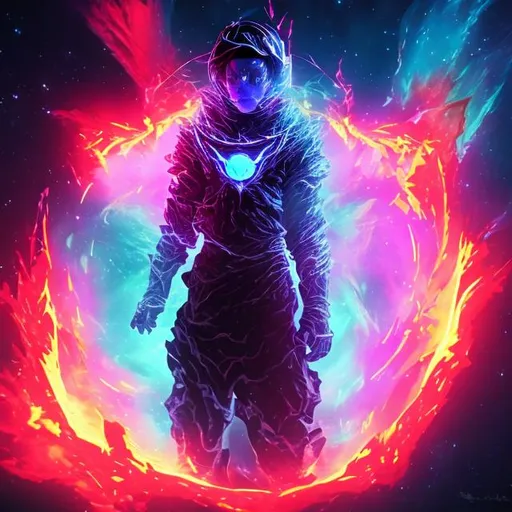 Prompt: astralvoid kight, in space, colorful, vibrant colors, fire, man, 
