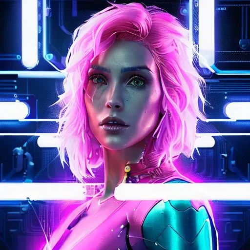 Prompt: #Prisi# young woman with pink hair, cyberpunk portrait of upperbody, female, organic cyborg, one robotic eyes, golden and blue and pink light, realistic proportions, highly detailed, sci-fi, hero, "Blade Runner, Ghost in the Shell, Cyberpunk 2077", smooth, sharp focus, 8k, ray tracing, digital painting, Golden cyborg armor, concept art illustration by artgerm greg rutkowski alphonse mucha trending on artstation