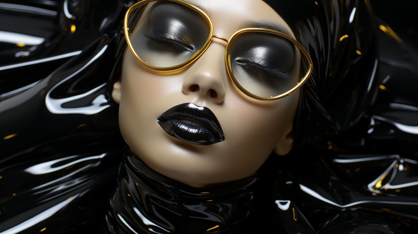Prompt: shiny glossy vanta black ballon girl face with gold lips