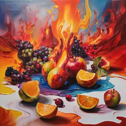 Prompt: melted painting with fruits, blurry surroundings, surrealistic, vibrant colors, fire in the background