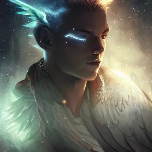 Prompt: young male, constellation angle, made of stars, wings, space, , highly detailed, fantasy, concept art, distant headshot, zoomed out, distant portrait, whole body, digital painting, illustration, greg rutkowski
