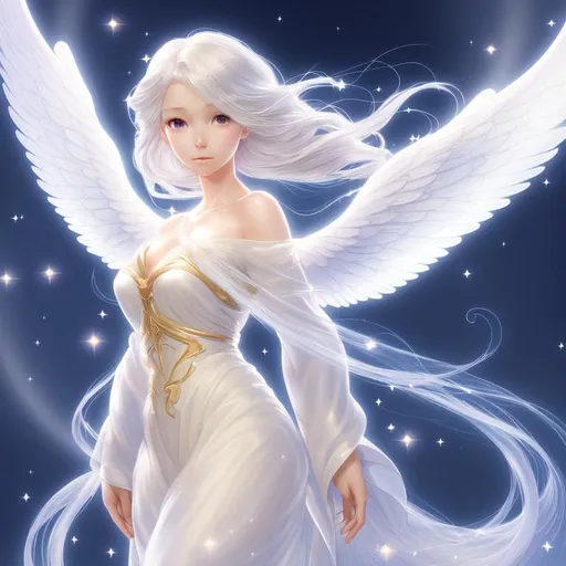 Prompt: bust of a beautiful angel in the style of Disney Pixar and Yoshitaka Amano with a long flowing gown and white hair, sunshine, two clear wings, light beams, sparkle, digital art, smooth lighting, fireflies, stars, backlit
