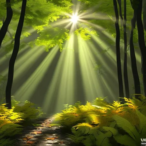 Prompt: a dark and  yellow/green beautiful forest with sunrays shining through the leaves. cartoony digital art