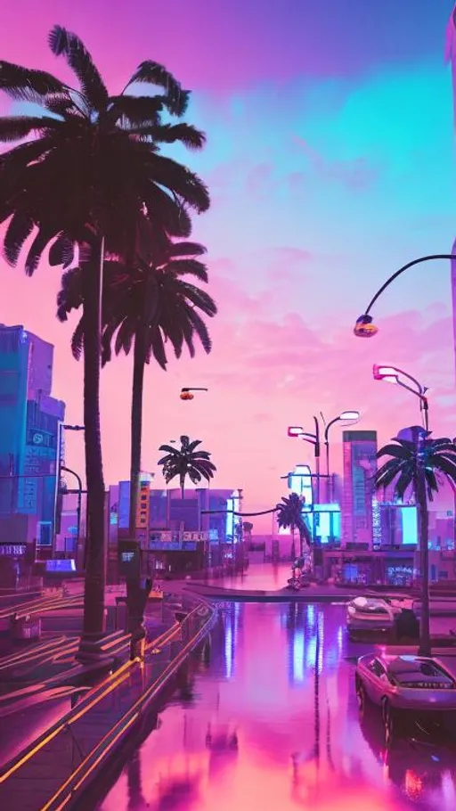Prompt: vaporwave city, neon lighting, beautiful sunset, palm trees, Retro, high quality, 4k