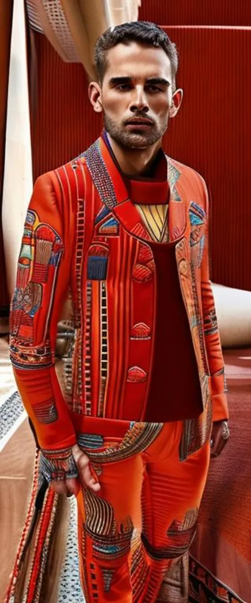 Prompt: men's suit red colour filled with pharaonic inscriptions mixed with a modern cut 