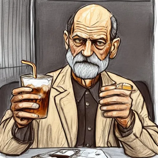 Prompt: In the style of Mattisse, draw Freud having an iced coffee
